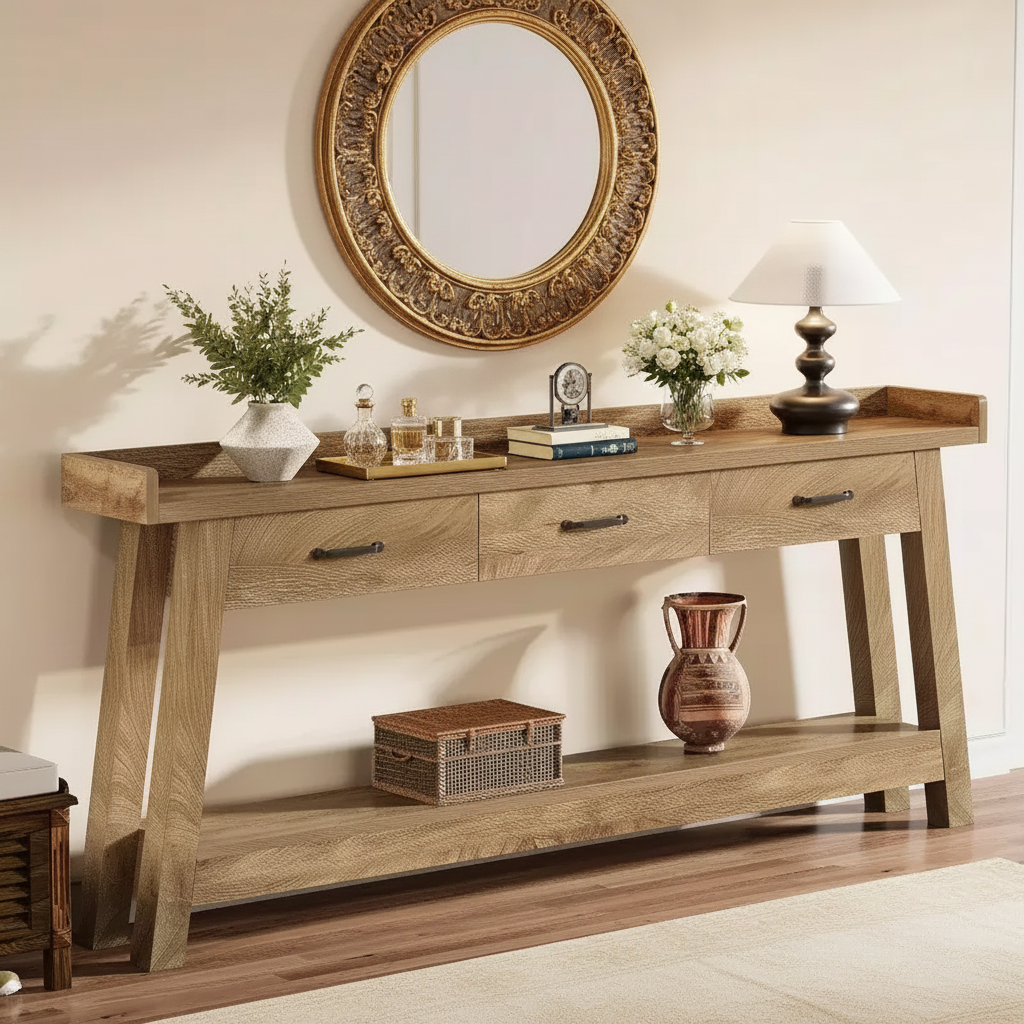 Table de canapé à 2 niveaux avec 3 tiroirs, Console de 180 cm avec déflecteur surélevé et étagères de rangement pour salon, couloir, entrée