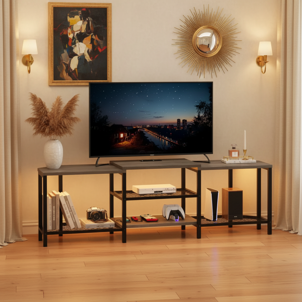 Meuble TV avec quatre étagères ouvertes, meuble d'angle multimédia avec prises de courant, meuble TV avec éclairage LED pour le salon