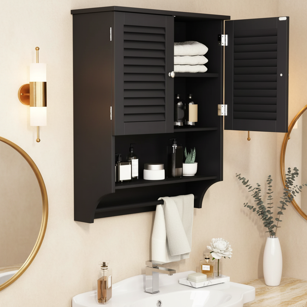 Meuble de salle de bain mural moderne avec 1 porte-serviettes, 2 portes persiennes et étagères