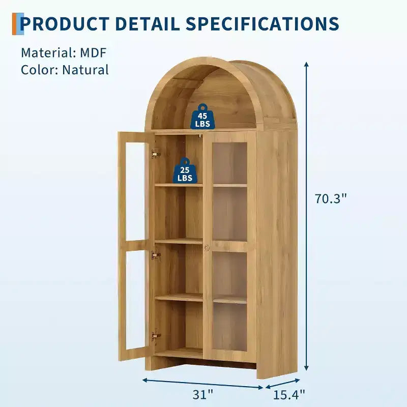 COZONY 70 Tall Arched Display Cabinet with Clear Acrylic Doors, 5 Adjustable Shelves, Wood Storage Pantry Hutch for Kitchen, Dining Room, Oak