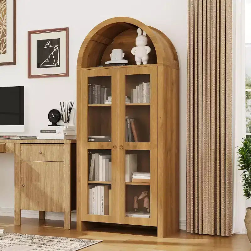 COZONY 70 Tall Arched Display Cabinet with Clear Acrylic Doors, 5 Adjustable Shelves, Wood Storage Pantry Hutch for Kitchen, Dining Room, Oak