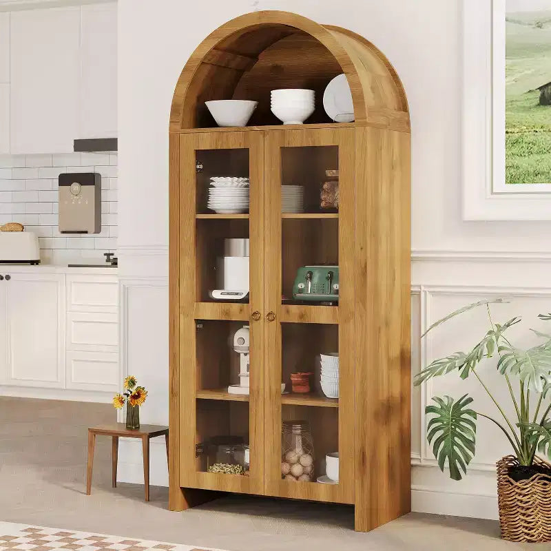 COZONY 70 Tall Arched Display Cabinet with Clear Acrylic Doors, 5 Adjustable Shelves, Wood Storage Pantry Hutch for Kitchen, Dining Room, Oak