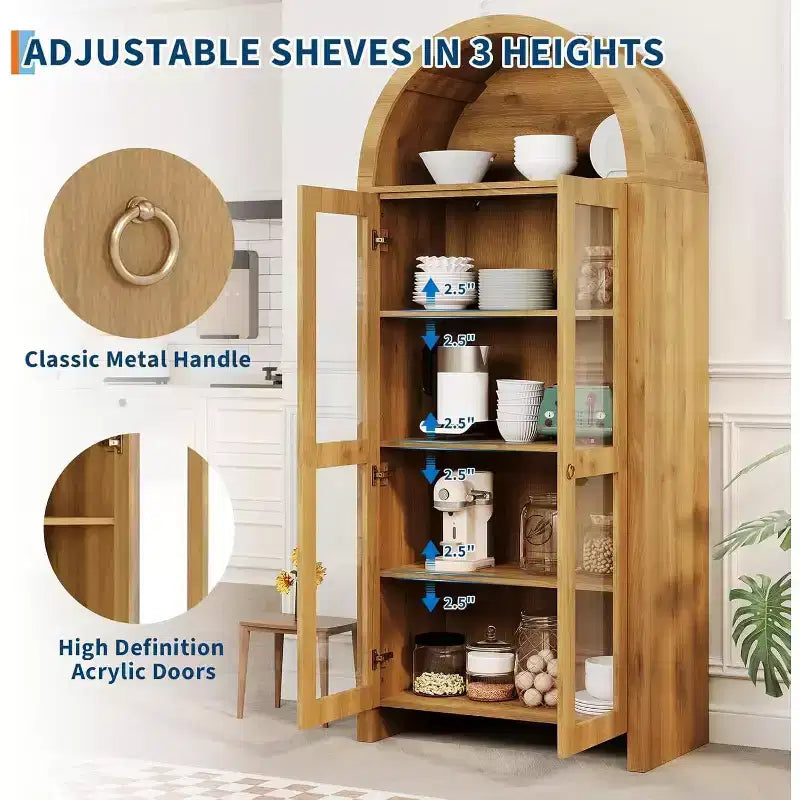 COZONY 70 Tall Arched Display Cabinet with Clear Acrylic Doors, 5 Adjustable Shelves, Wood Storage Pantry Hutch for Kitchen, Dining Room, Oak