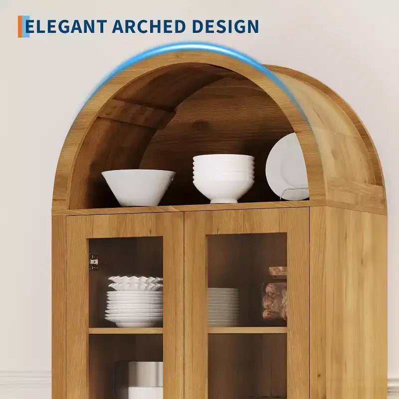 COZONY 70 Tall Arched Display Cabinet with Clear Acrylic Doors, 5 Adjustable Shelves, Wood Storage Pantry Hutch for Kitchen, Dining Room, Oak