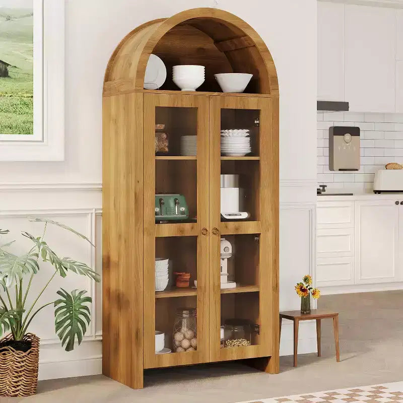 COZONY 70 Tall Arched Display Cabinet with Clear Acrylic Doors, 5 Adjustable Shelves, Wood Storage Pantry Hutch for Kitchen, Dining Room, Oak
