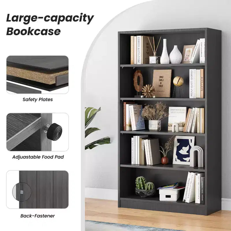 GDFStudio Edwin Modern 5-Tier Tall Bookcase with 3 Adjustable Shelves