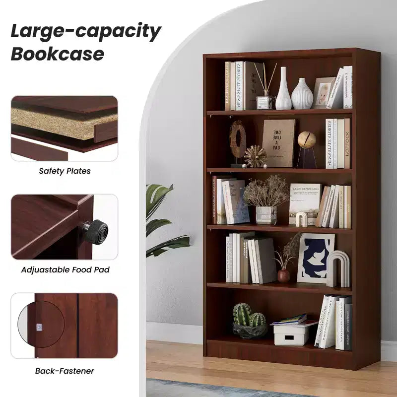 GDFStudio Edwin Modern 5-Tier Tall Bookcase with 3 Adjustable Shelves
