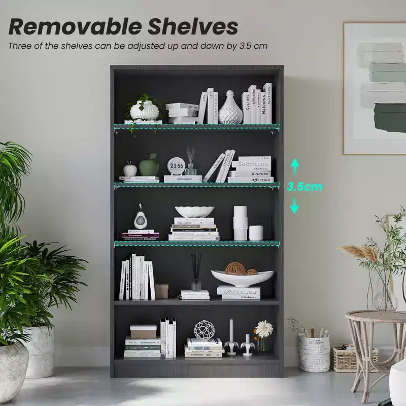 GDFStudio Edwin Modern 5-Tier Tall Bookcase with 3 Adjustable Shelves