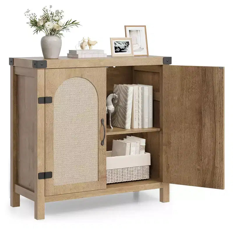 Rattan Buffet Cabinet with Storage, Sideboard with Synthetic Rattan-Accent Doors, Adjustable Shelves for Living Room Dining Room Hallway, Black