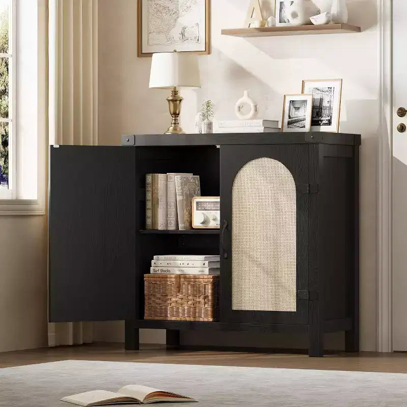 Rattan Buffet Cabinet with Storage, Sideboard with Synthetic Rattan-Accent Doors, Adjustable Shelves for Living Room Dining Room Hallway, Black