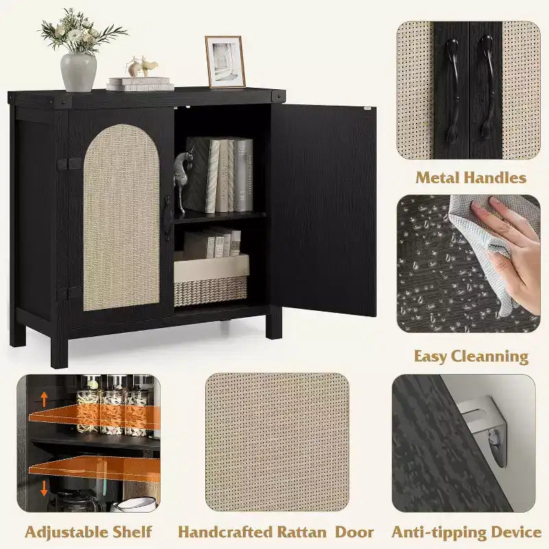 Rattan Buffet Cabinet with Storage, Sideboard with Synthetic Rattan-Accent Doors, Adjustable Shelves for Living Room Dining Room Hallway, Black