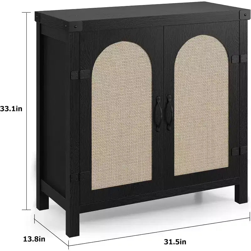 Rattan Buffet Cabinet with Storage, Sideboard with Synthetic Rattan-Accent Doors, Adjustable Shelves for Living Room Dining Room Hallway, Black