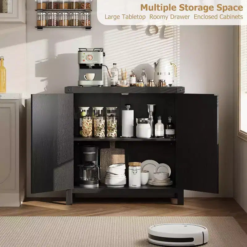 Rattan Buffet Cabinet with Storage, Sideboard with Synthetic Rattan-Accent Doors, Adjustable Shelves for Living Room Dining Room Hallway, Black