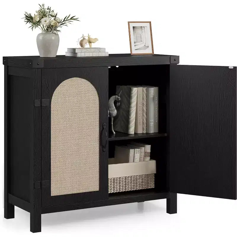 Rattan Buffet Cabinet with Storage, Sideboard with Synthetic Rattan-Accent Doors, Adjustable Shelves for Living Room Dining Room Hallway, Black