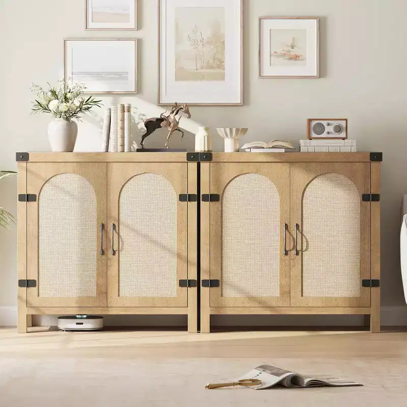 Rattan Buffet Cabinet with Storage, Sideboard with Synthetic Rattan-Accent Doors, Adjustable Shelves for Living Room Dining Room Hallway, Black