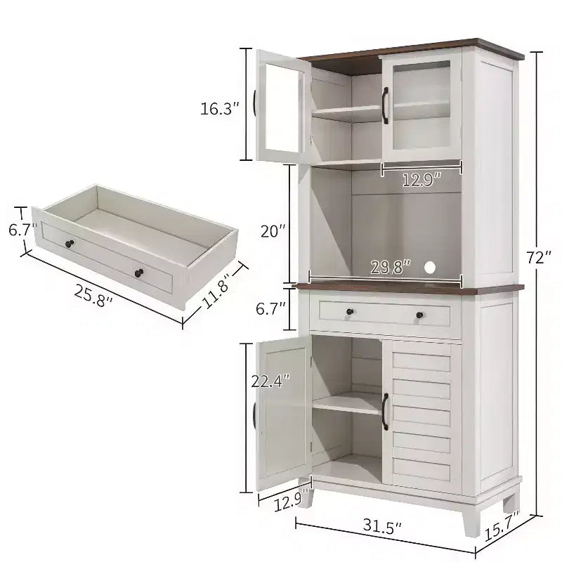 GustoWave 72 Tall Kitchen Bar Cabinet Hutch Featuring 4 Glass Doors & 1 Drawer, Modern Wood Pantry Coffee Cabinet with Ample Storage, White