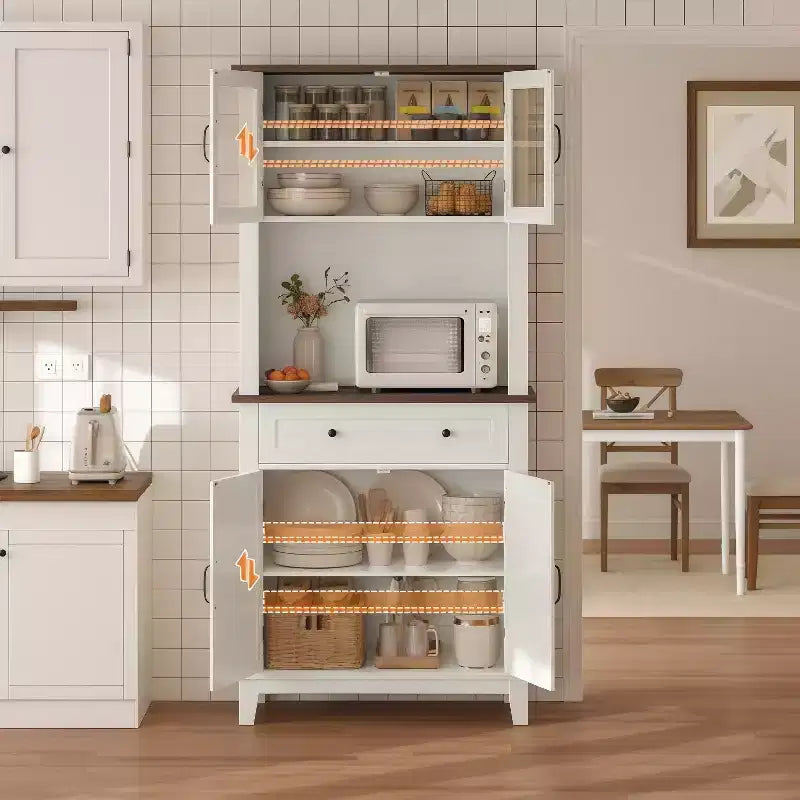 GustoWave 72 Tall Kitchen Bar Cabinet Hutch Featuring 4 Glass Doors & 1 Drawer, Modern Wood Pantry Coffee Cabinet with Ample Storage, White