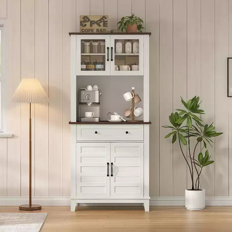 GustoWave 72 Tall Kitchen Bar Cabinet Hutch Featuring 4 Glass Doors & 1 Drawer, Modern Wood Pantry Coffee Cabinet with Ample Storage, White