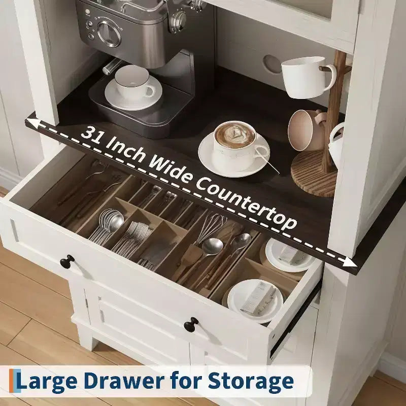 GustoWave 72 Tall Kitchen Bar Cabinet Hutch Featuring 4 Glass Doors & 1 Drawer, Modern Wood Pantry Coffee Cabinet with Ample Storage, White