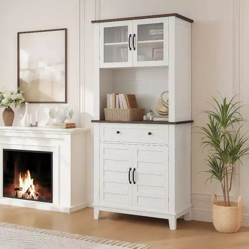 GustoWave 72 Tall Kitchen Bar Cabinet Hutch Featuring 4 Glass Doors & 1 Drawer, Modern Wood Pantry Coffee Cabinet with Ample Storage, White