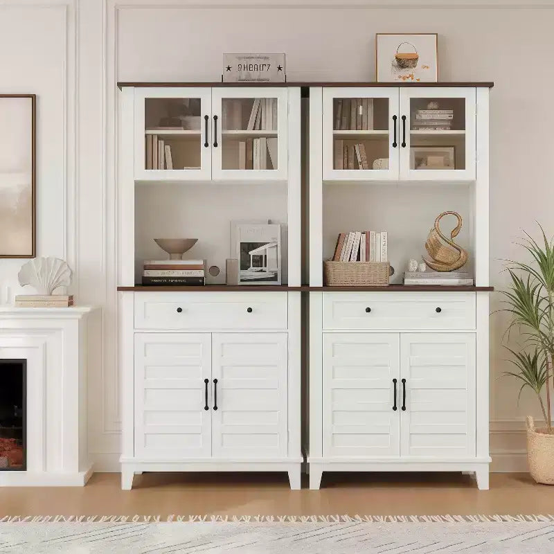 GustoWave 72 Tall Kitchen Bar Cabinet Hutch Featuring 4 Glass Doors & 1 Drawer, Modern Wood Pantry Coffee Cabinet with Ample Storage, White