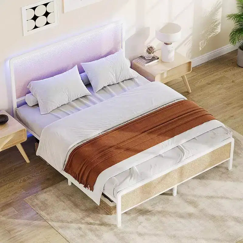 Rattan Bed Frame - Boho Headboard Platform w/ Steel Slats, Noise-Free, No Box Spring Needed
