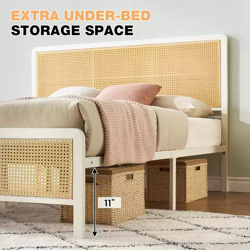Rattan Bed Frame - Boho Headboard Platform w/ Steel Slats, Noise-Free, No Box Spring Needed