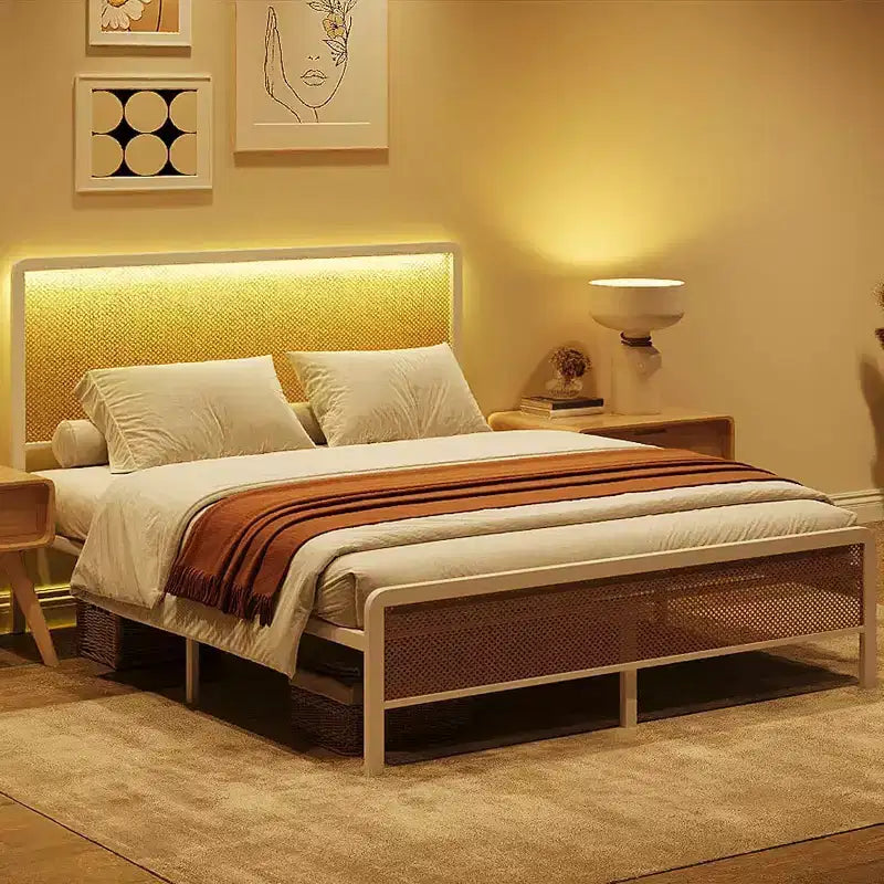 Rattan Bed Frame - Boho Headboard Platform w/ Steel Slats, Noise-Free, No Box Spring Needed