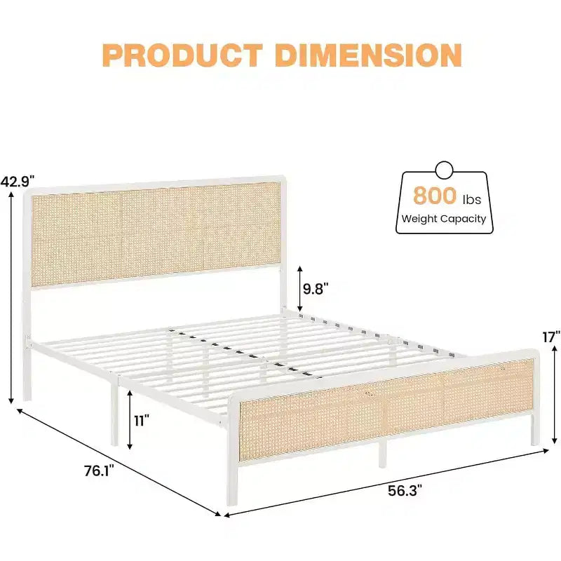 Rattan Bed Frame - Boho Headboard Platform w/ Steel Slats, Noise-Free, No Box Spring Needed