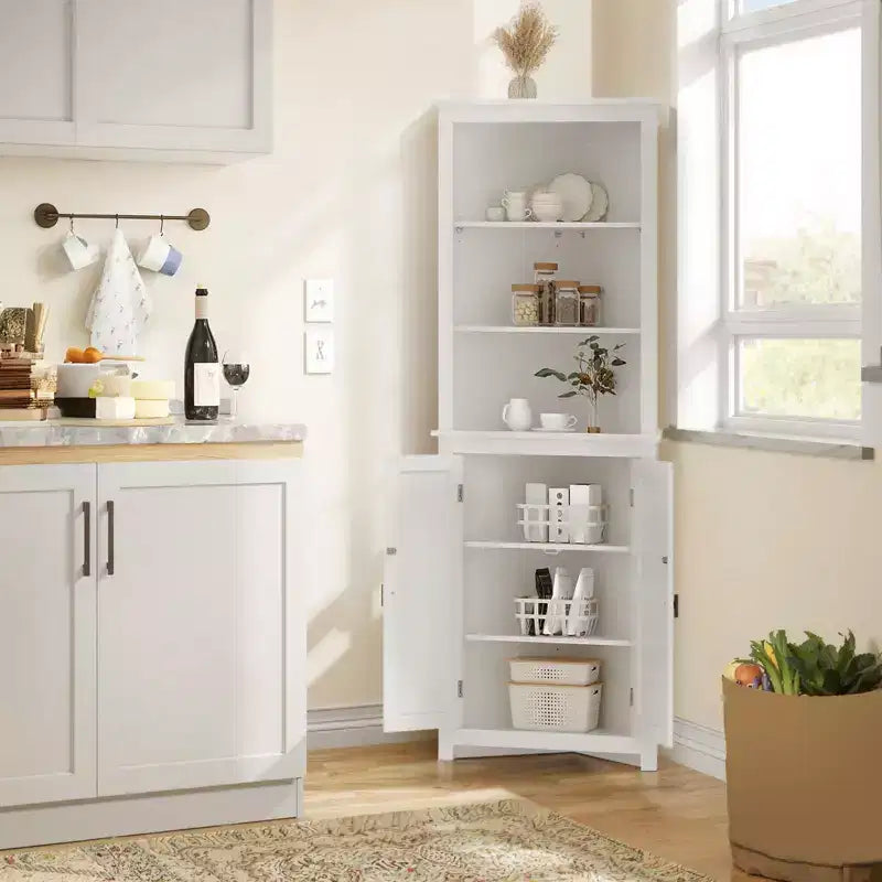 GustoWave 64 Tall Farmhouse Corner Cabinet with 2 Barn Doors, Buffet Pantry Adjustable Shelves, Farmhouse Storage Cabinet, White