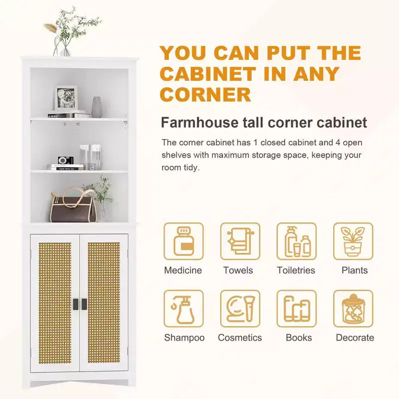 GustoWave 64 Tall Farmhouse Corner Cabinet with 2 Barn Doors, Buffet Pantry Adjustable Shelves, Farmhouse Storage Cabinet, White
