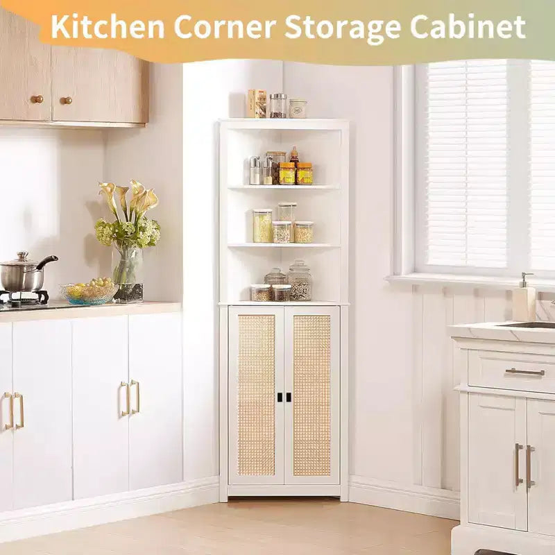 GustoWave 64 Tall Farmhouse Corner Cabinet with 2 Barn Doors, Buffet Pantry Adjustable Shelves, Farmhouse Storage Cabinet, White