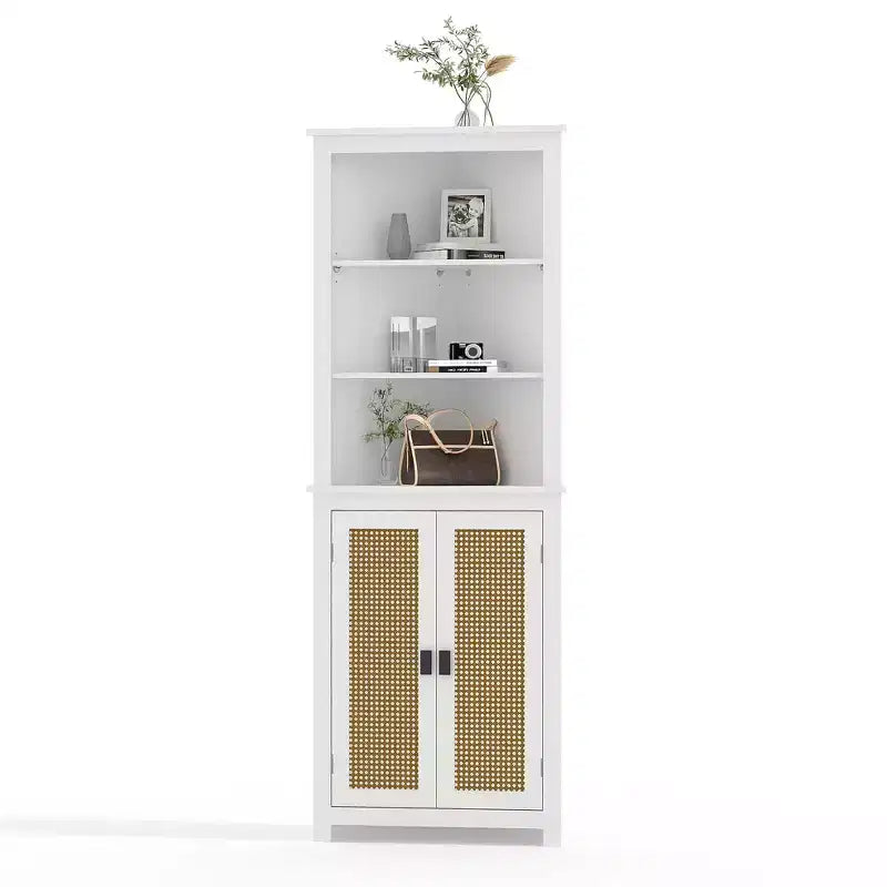 GustoWave 64 Tall Farmhouse Corner Cabinet with 2 Barn Doors, Buffet Pantry Adjustable Shelves, Farmhouse Storage Cabinet, White