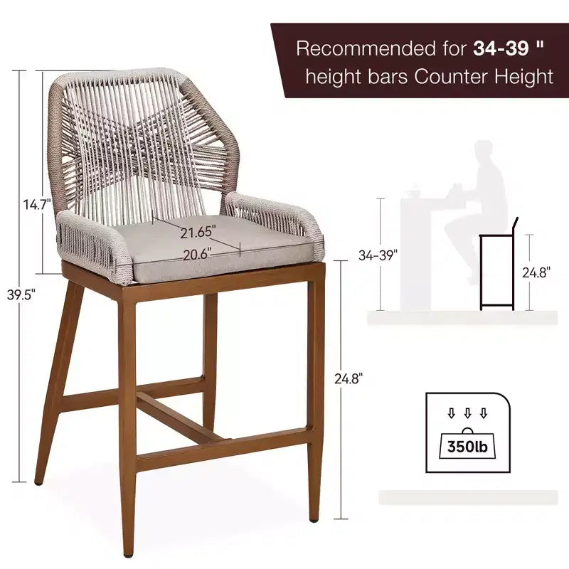 GustoWave Counter Height Bar Stools Set of 2,Boho Rope Counter Height Bar Stools Rattan Woven Aluminum Modern Barstools with Back and Arms