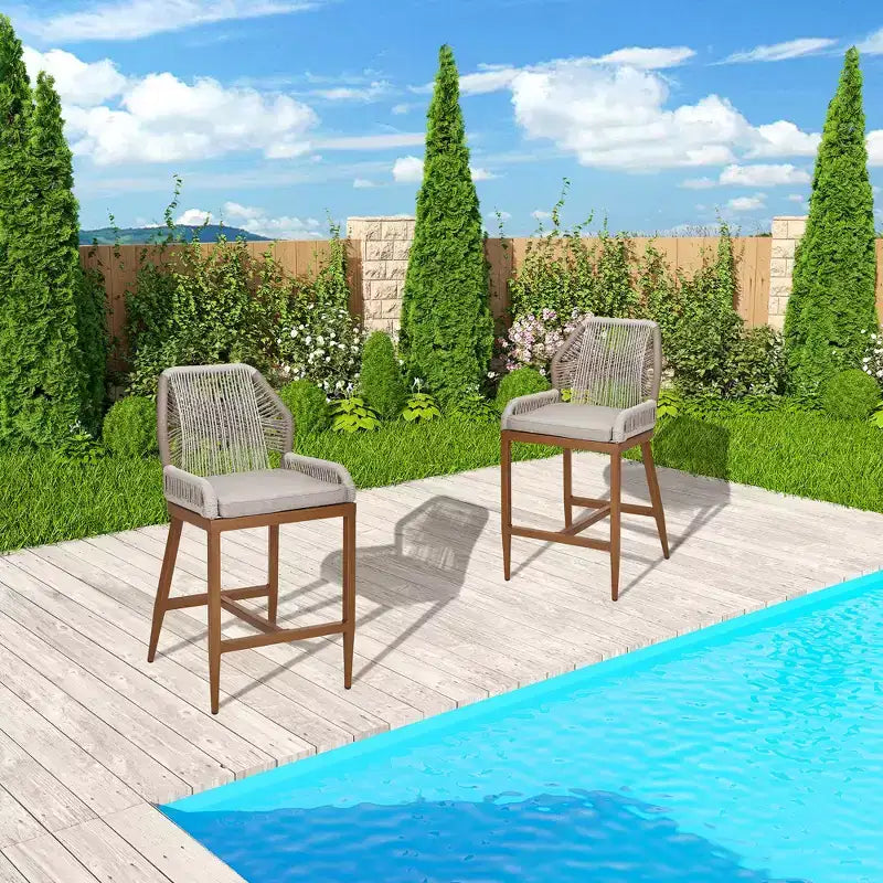 GustoWave Counter Height Bar Stools Set of 2,Boho Rope Counter Height Bar Stools Rattan Woven Aluminum Modern Barstools with Back and Arms