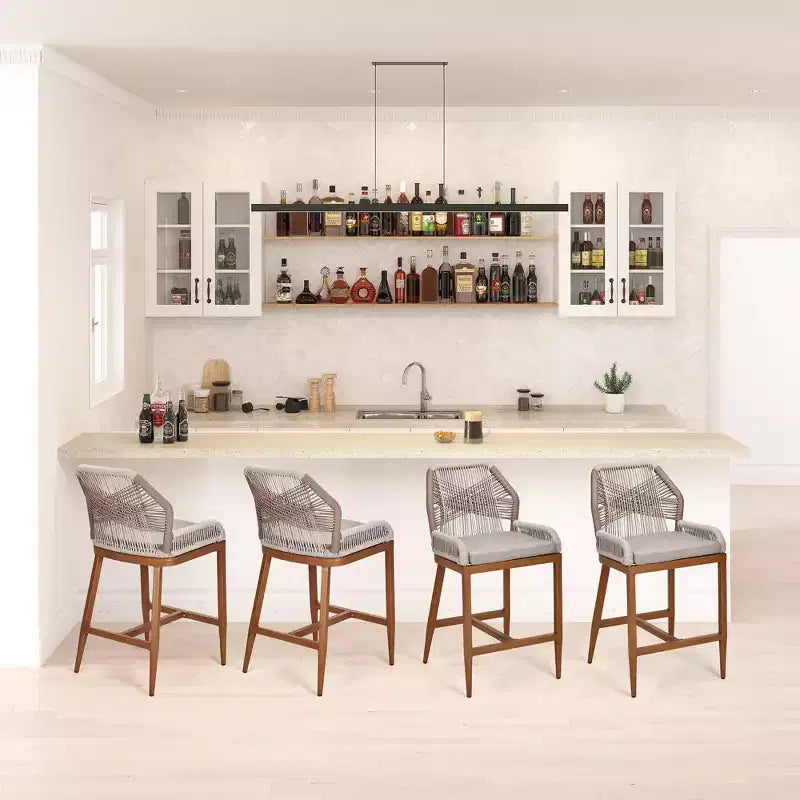 GustoWave Counter Height Bar Stools Set of 2,Boho Rope Counter Height Bar Stools Rattan Woven Aluminum Modern Barstools with Back and Arms