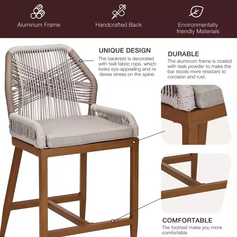 GustoWave Counter Height Bar Stools Set of 2,Boho Rope Counter Height Bar Stools Rattan Woven Aluminum Modern Barstools with Back and Arms