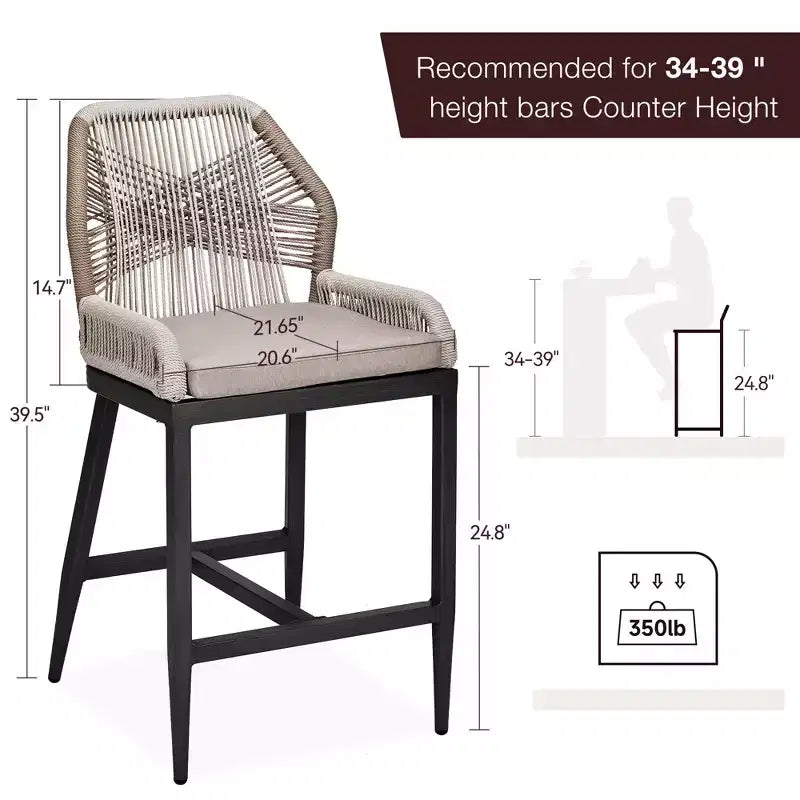 GustoWave Counter Height Bar Stools Set of 2,Boho Rope Counter Height Bar Stools Rattan Woven Aluminum Modern Barstools with Back and Arms