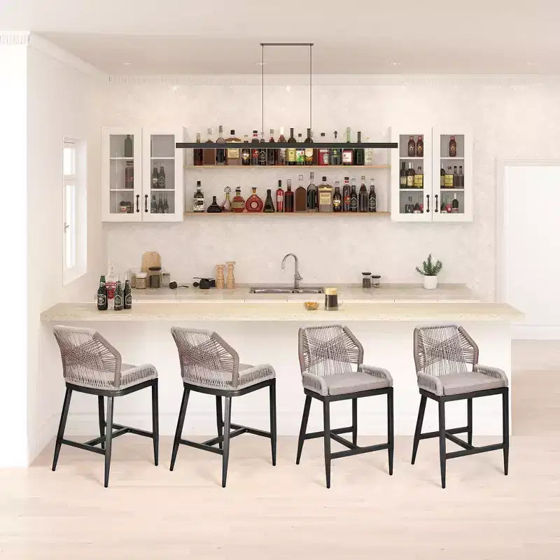 GustoWave Counter Height Bar Stools Set of 2,Boho Rope Counter Height Bar Stools Rattan Woven Aluminum Modern Barstools with Back and Arms