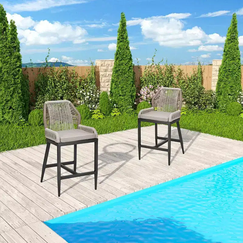 GustoWave Counter Height Bar Stools Set of 2,Boho Rope Counter Height Bar Stools Rattan Woven Aluminum Modern Barstools with Back and Arms