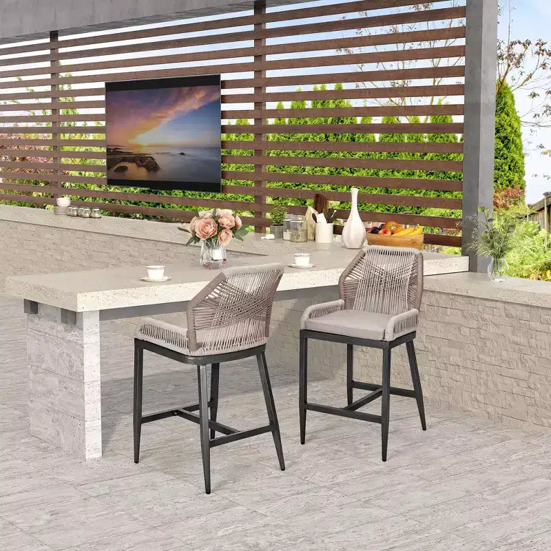 GustoWave Counter Height Bar Stools Set of 2,Boho Rope Counter Height Bar Stools Rattan Woven Aluminum Modern Barstools with Back and Arms
