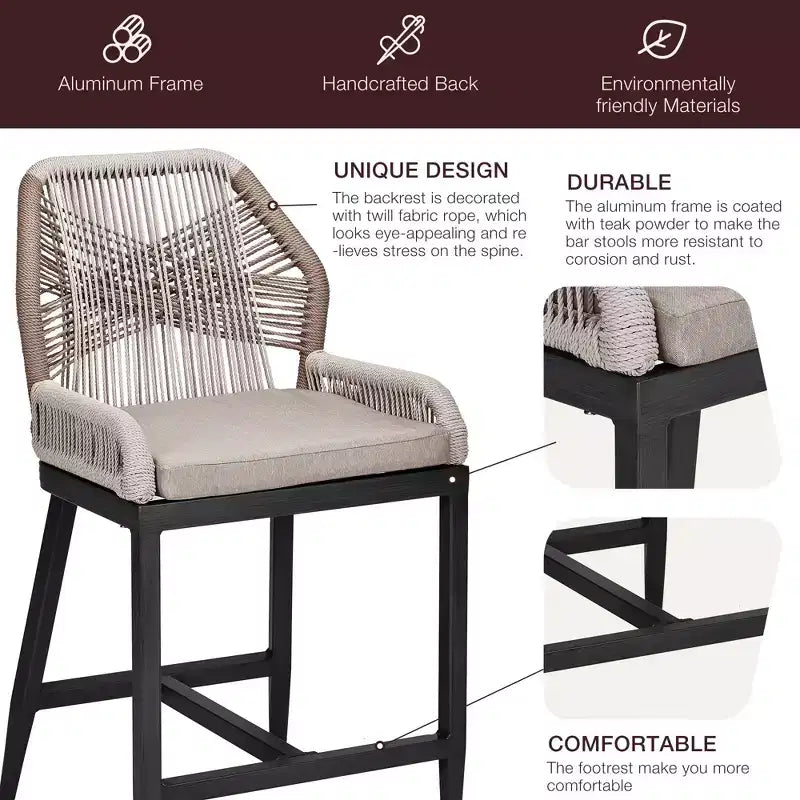 GustoWave Counter Height Bar Stools Set of 2,Boho Rope Counter Height Bar Stools Rattan Woven Aluminum Modern Barstools with Back and Arms