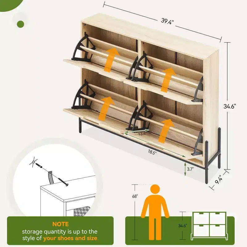 4-Drawer Shoe Storage Cabinet Farmhouse Rattan Organizer with Metal Legs for Entryway/Closet
