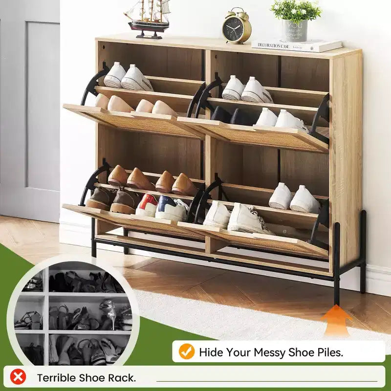 4-Drawer Shoe Storage Cabinet Farmhouse Rattan Organizer with Metal Legs for Entryway/Closet