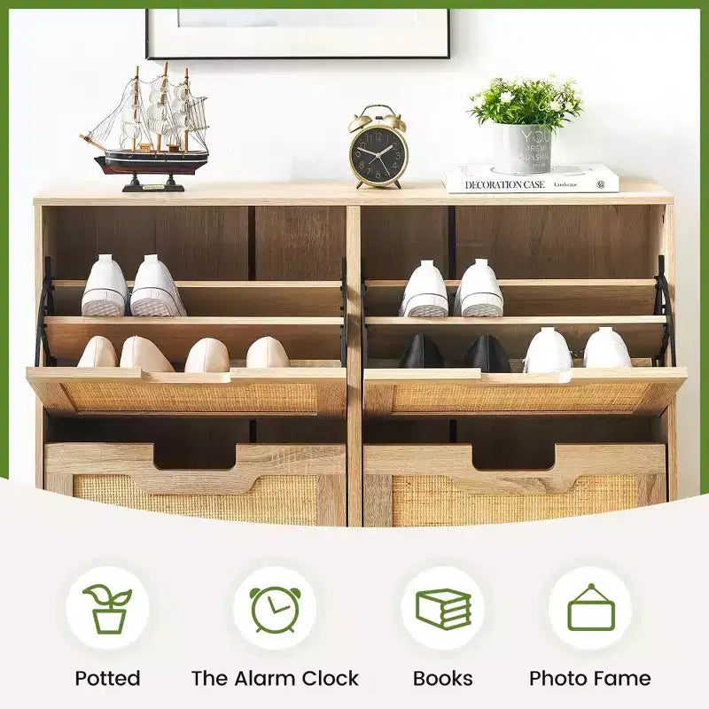 4-Drawer Shoe Storage Cabinet Farmhouse Rattan Organizer with Metal Legs for Entryway/Closet