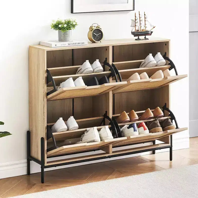 4-Drawer Shoe Storage Cabinet Farmhouse Rattan Organizer with Metal Legs for Entryway/Closet