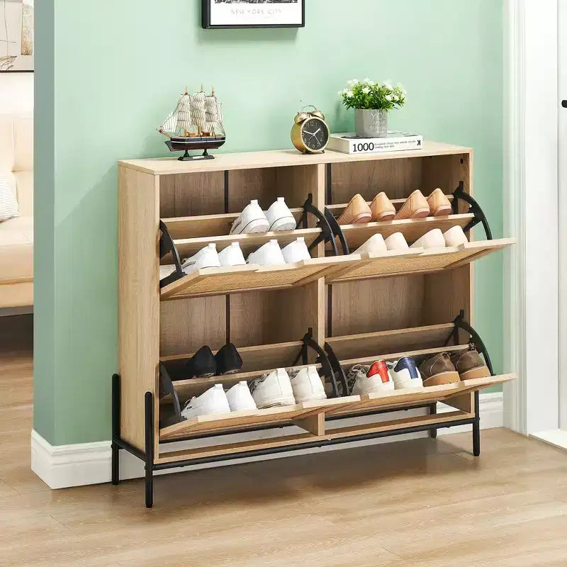 4-Drawer Shoe Storage Cabinet Farmhouse Rattan Organizer with Metal Legs for Entryway/Closet