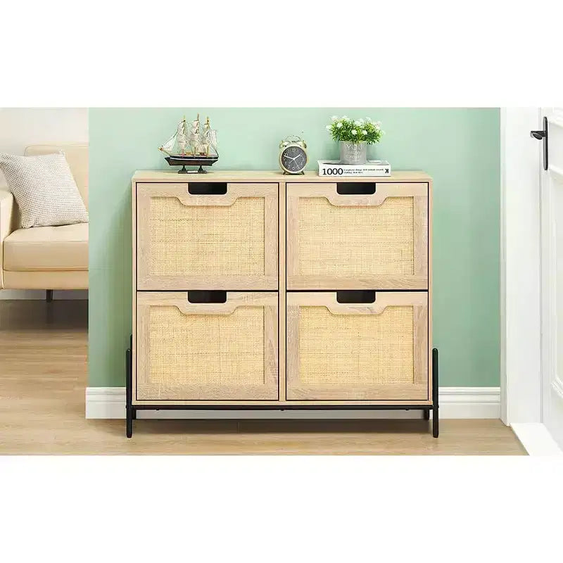 4-Drawer Shoe Storage Cabinet Farmhouse Rattan Organizer with Metal Legs for Entryway/Closet
