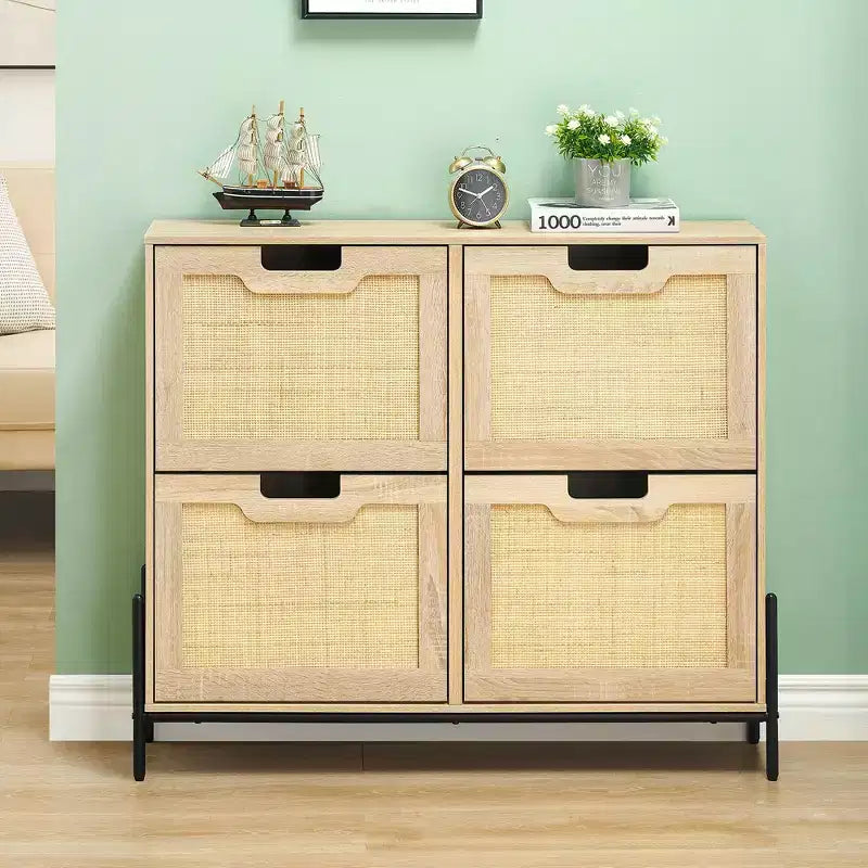 4-Drawer Shoe Storage Cabinet Farmhouse Rattan Organizer with Metal Legs for Entryway/Closet