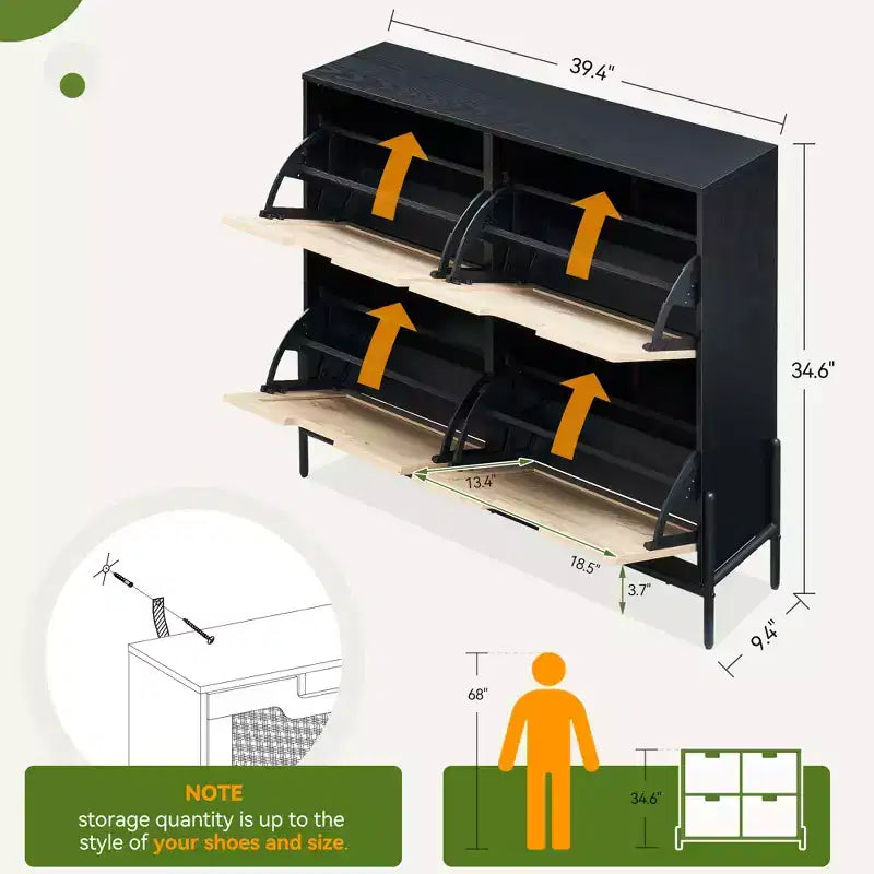 4-Drawer Shoe Storage Cabinet Farmhouse Rattan Organizer with Metal Legs for Entryway/Closet